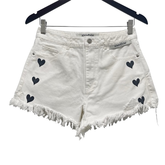 Kimhekim Pants - Kimhekim My Uniform Series Heart Stamped White Denim Cut Off Shorts Size Medium